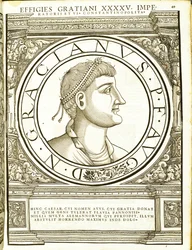 Gratianus, Illustration aus Imperatorum romanorum omnium orientalium et occidentalium verissimae imagines ex antiquis numismatis